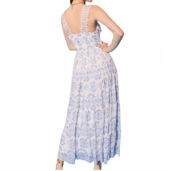 Flying Tomato, Ivory, blue print laced Midi dress - Picture 2 of 4